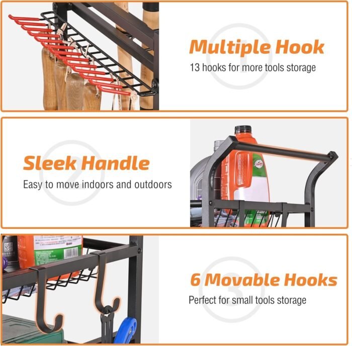 Full view of the garden tool organizer with tools stored and ready for use in a garage or shed.