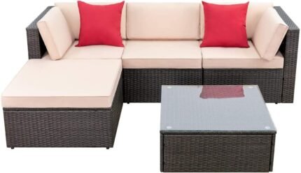 Stylish Sweetcrispy patio furniture set featuring a sectional sofa with cushions and a glass table for outdoor comfort.