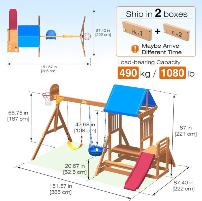 Multifunctional swing set for kids with a 3-in-1 table for picnic, water play, and sand play.