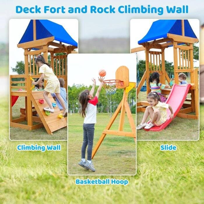 Encourage physical activity with this swing set for kids, featuring a rock climbing wall and 5ft slide.
