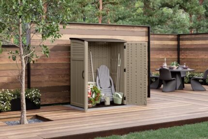 Weather-resistant sheds for garden tools made from durable resin for long-lasting outdoor use.