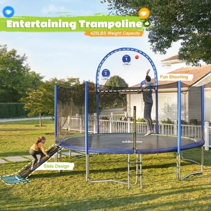 The outdoor trampoline with 1500LBS weight capacity and safety net, perfect for family fun and safe jumping.